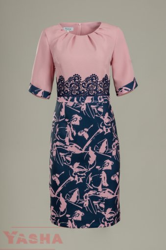 Елегантна принт рокля в пепел от рози и тъмно синьо и дантела  "Inspired by ART" collection