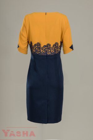 Елегантна рокля в горчица и тъмно синьо и дантела  "Inspired by ART" collection