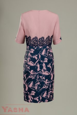 Елегантна принт рокля в пепел от рози и тъмно синьо и дантела  "Inspired by ART" collection